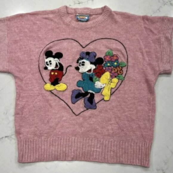 Sunday Comics Sweater M Vintage Mickey Minnie Flowers Short Sleeve Pink Textured - Picture 1 of 6
